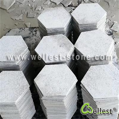 Q310 big hoxagon white quartzite marble tile with flamed non slipery for floor and wall