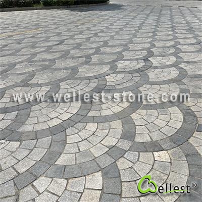 G684 +G654+ G603  fan shape cobble stone on meshed paving for driveway