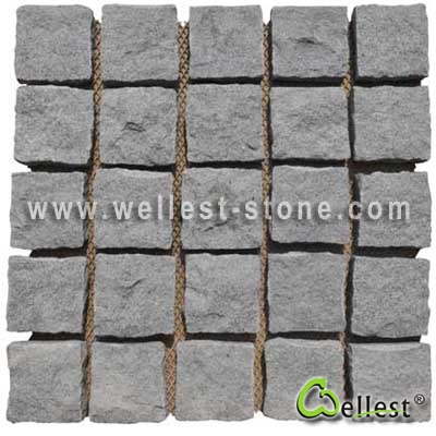 G654 Medium Grey Granite Natural Split Cobble on Meshed for Paving