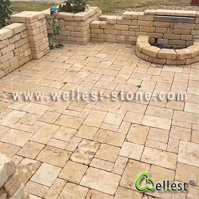 L727 Yellow beige limestone tumbled old looking solid block and cobbles for entance and garden