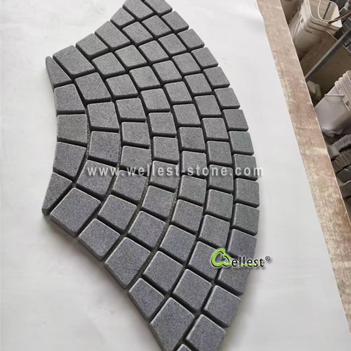 G654 Dark grey Granite Cobblestone on Meshed in Big Fan Shape