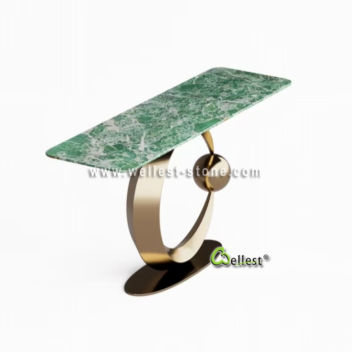 Luxury Green Marble Console Table Modern Entrance Furniture with Gold Metal Base for Villa Hotel Int