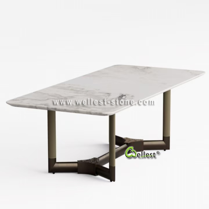 Custom Made Luxury Natural Stone Dining Table Exotic Marble Top with Modern Base Design